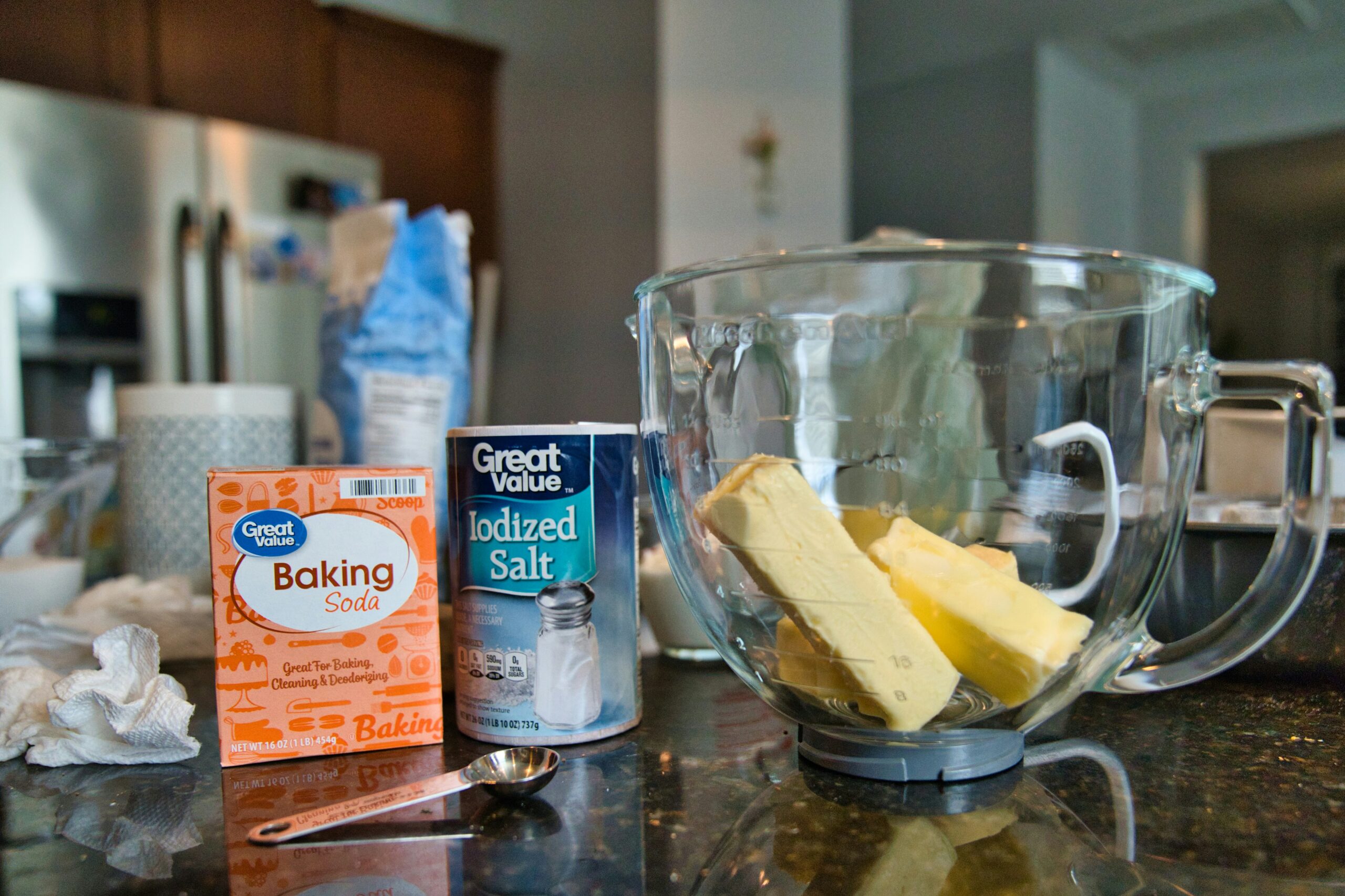 butter, glass bowl, baking soda