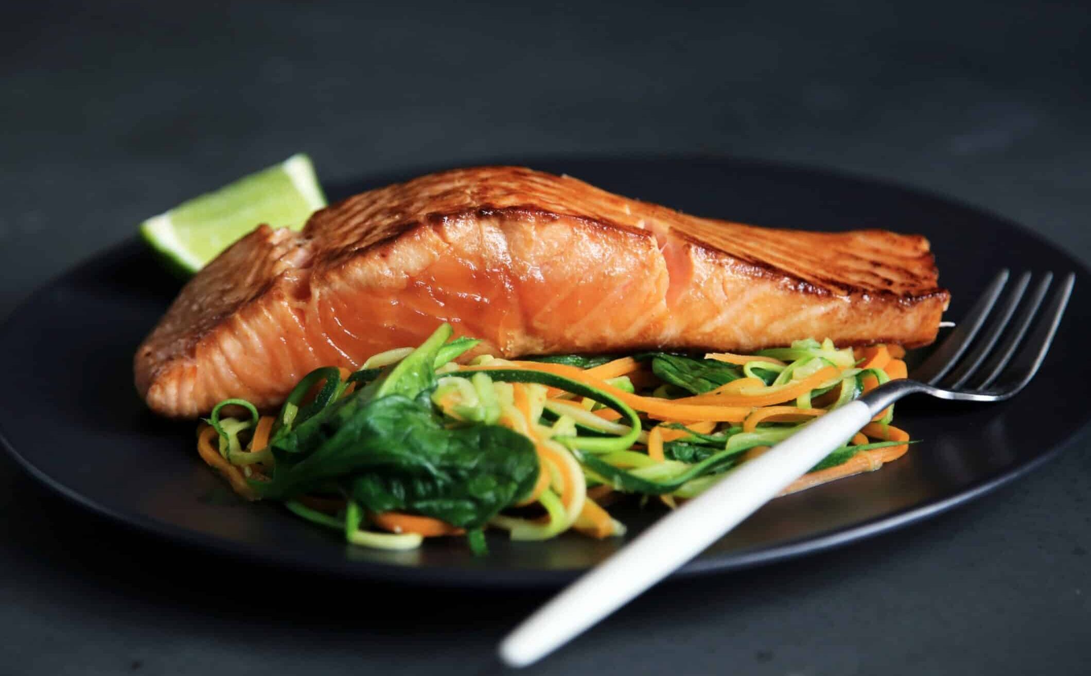 grilled salmon, cooked vegetables, salmon