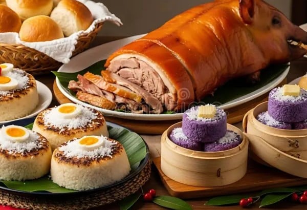 A whole roasted Filipino Lechon with crispy golden skin, served with traditional filipino deserts.