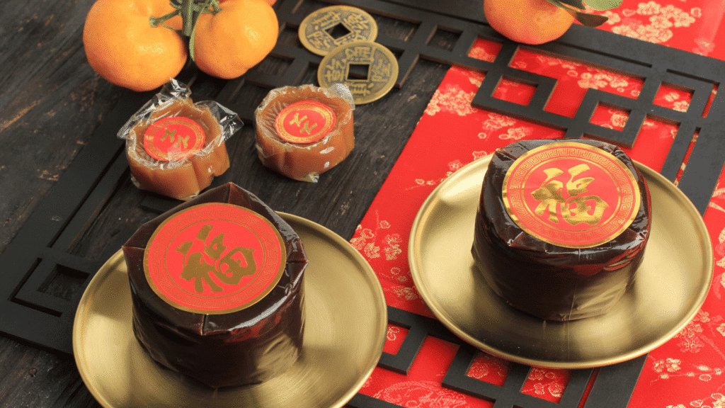 Nian Gao Chinese New Year cake decorated with red Lunar New Year ornaments symbolizing prosperity