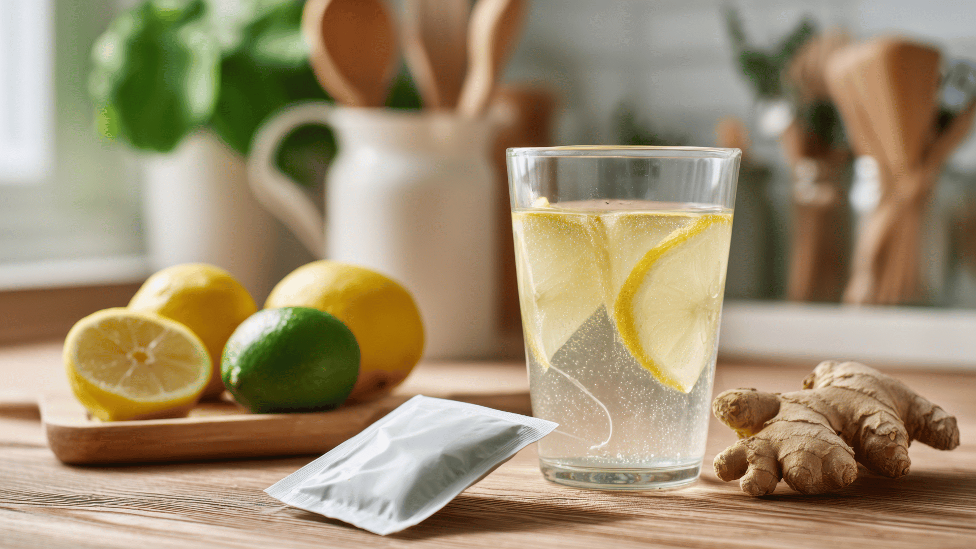 Assorted citrus fruits including oranges, lemons, limes, and lemon water on a kitchen counter