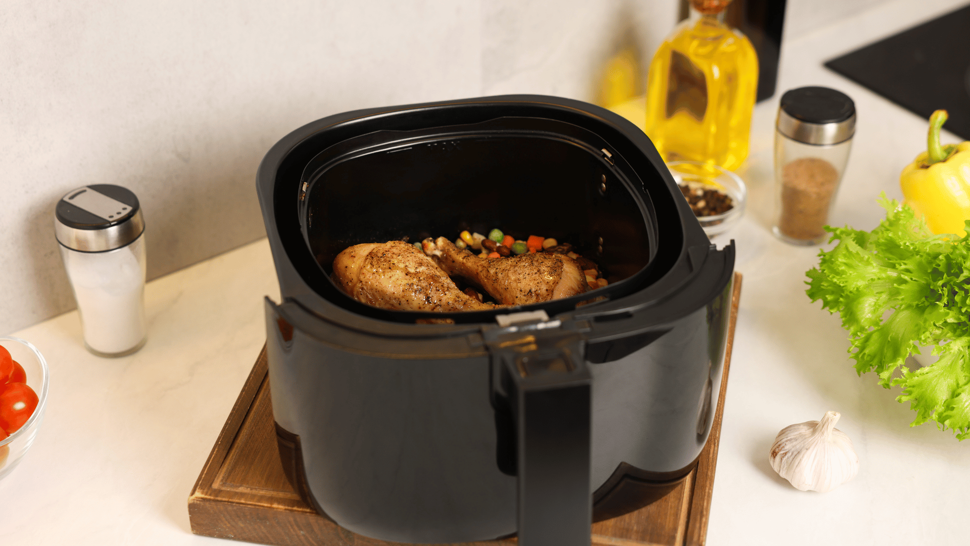 Air fryer placed on a kitchen table containing roasted whole chicken ready to serve